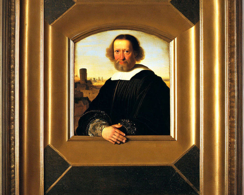 Man in Black Robe with White Ruff Resting Hand in Stone Window Portrait