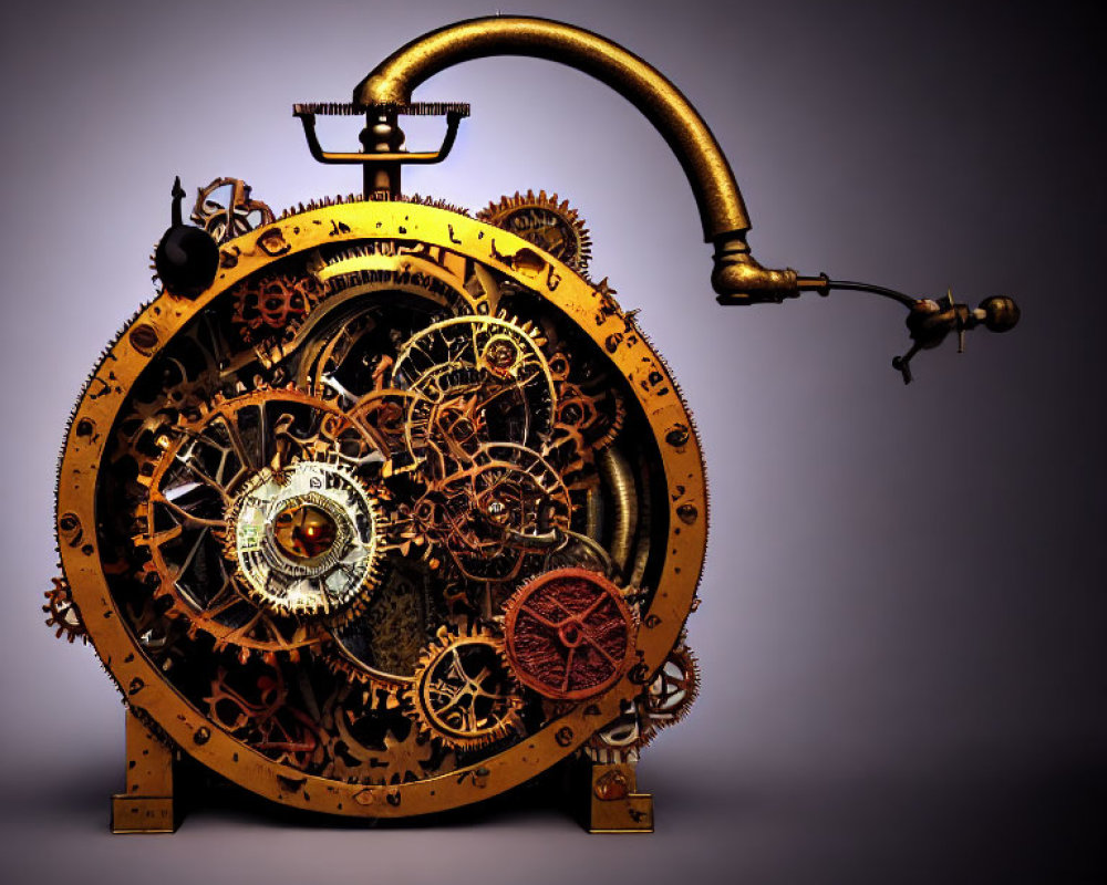 Steampunk-style clock with intricate gears and cogs on gradient backdrop