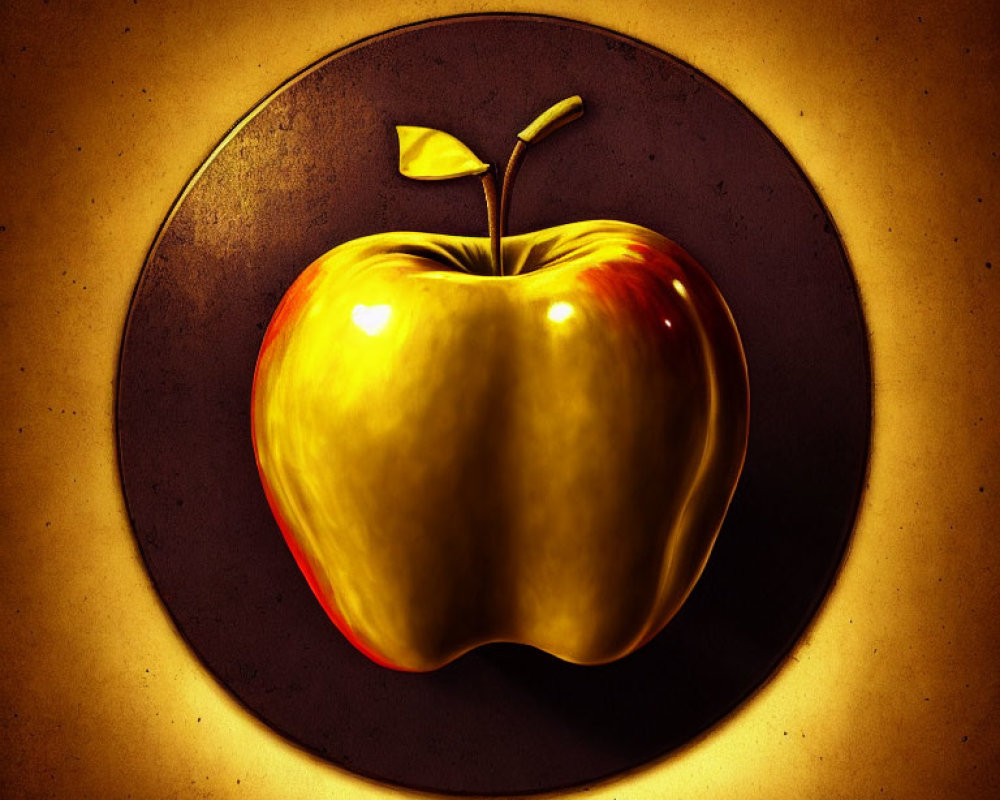 Vibrant red and yellow apple on dark circular backdrop