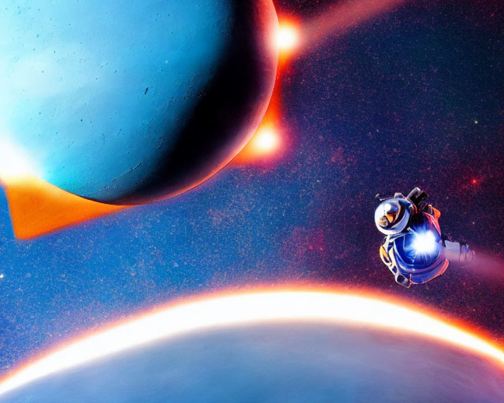 Astronaut floating near curved planetary horizon with blue planet and bright star.