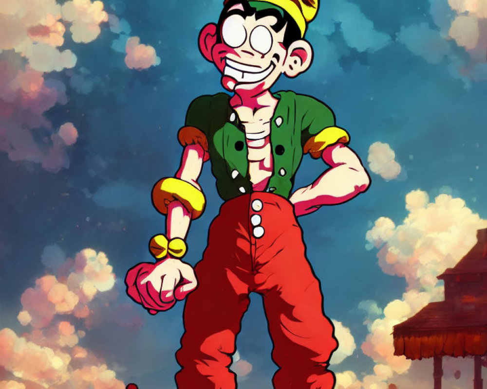 Confident cartoon character in colorful attire against cloudy sky