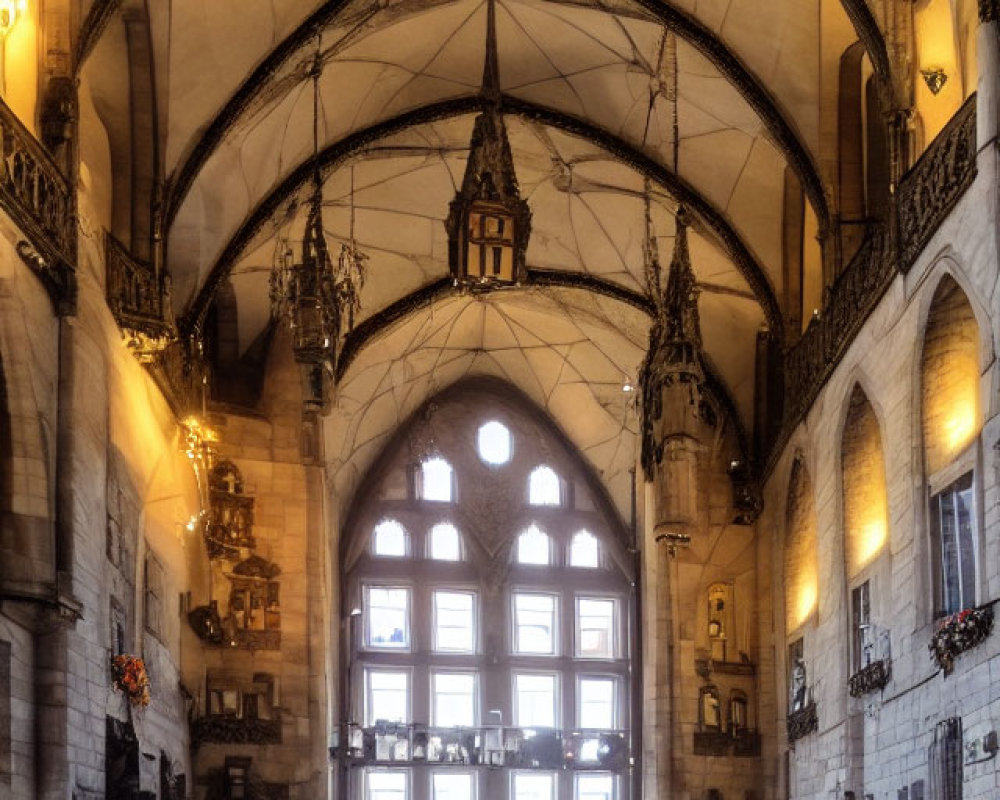 Medieval Gothic-style Grand Hall with Arched Ceilings and Chandeliers