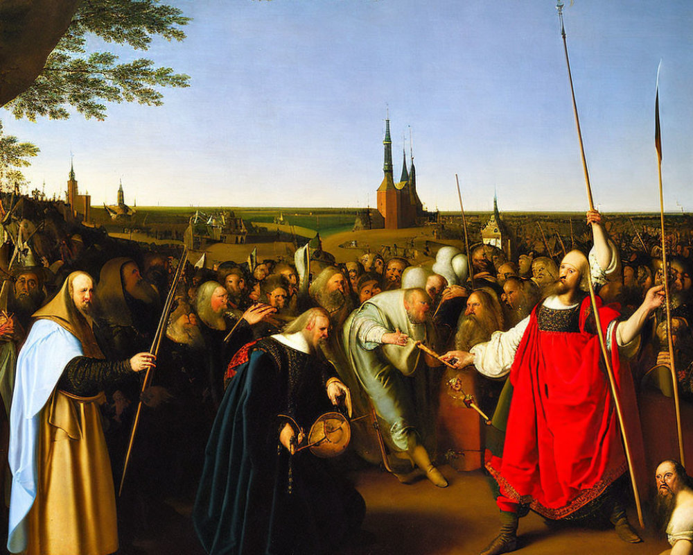 Large Renaissance painting of people in historical attire with spears around central figure.