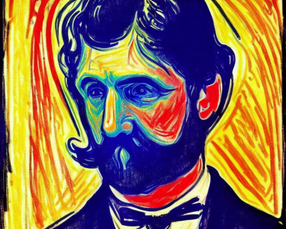 Vibrant portrait of man with mustache and bow tie in expressionist style