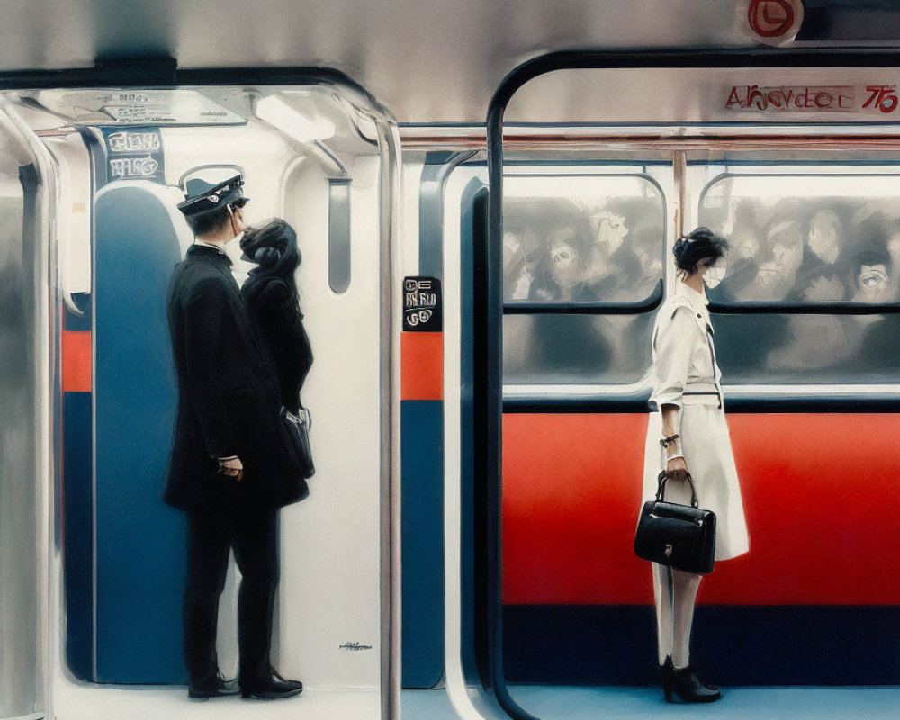 Stylized painting of subway station passengers: couple embracing, woman standing alone, others inside train.