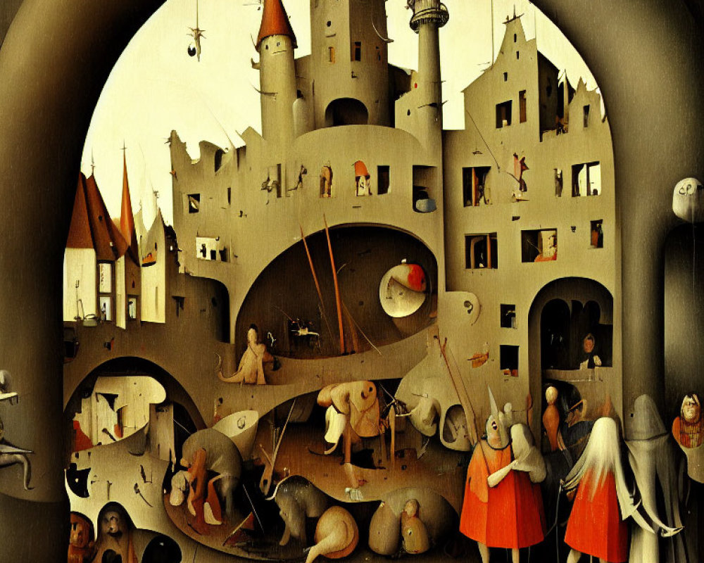 Fantastical fortress painting with bizarre humanoid figures and enigmatic activities