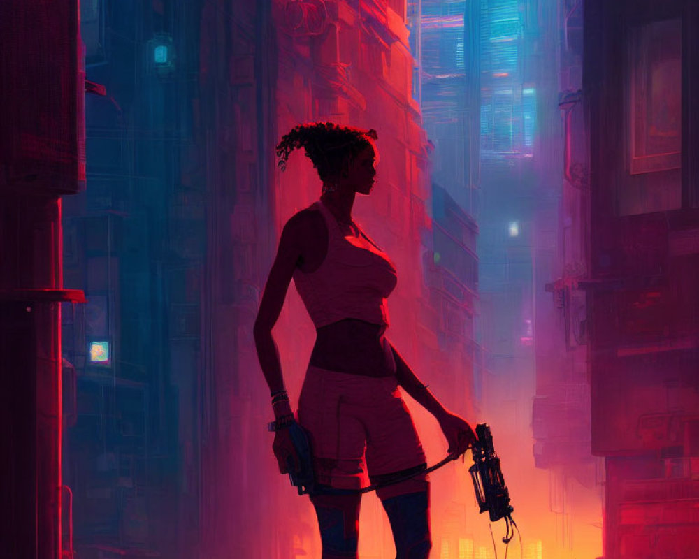 Woman in neon-lit futuristic urban alley with high-tech weapon & towering cityscape silhouettes