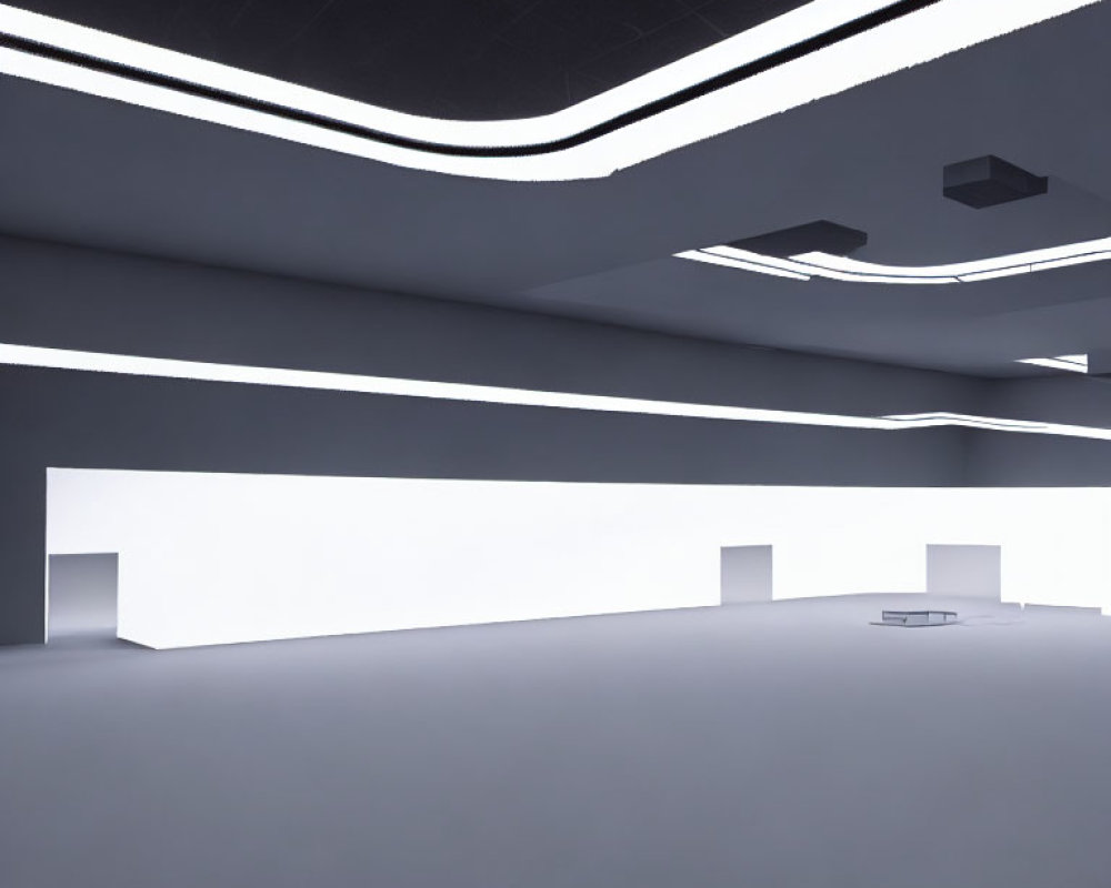 Minimalist Modern Gallery Space with White Walls, LED Lighting, and Central Bench