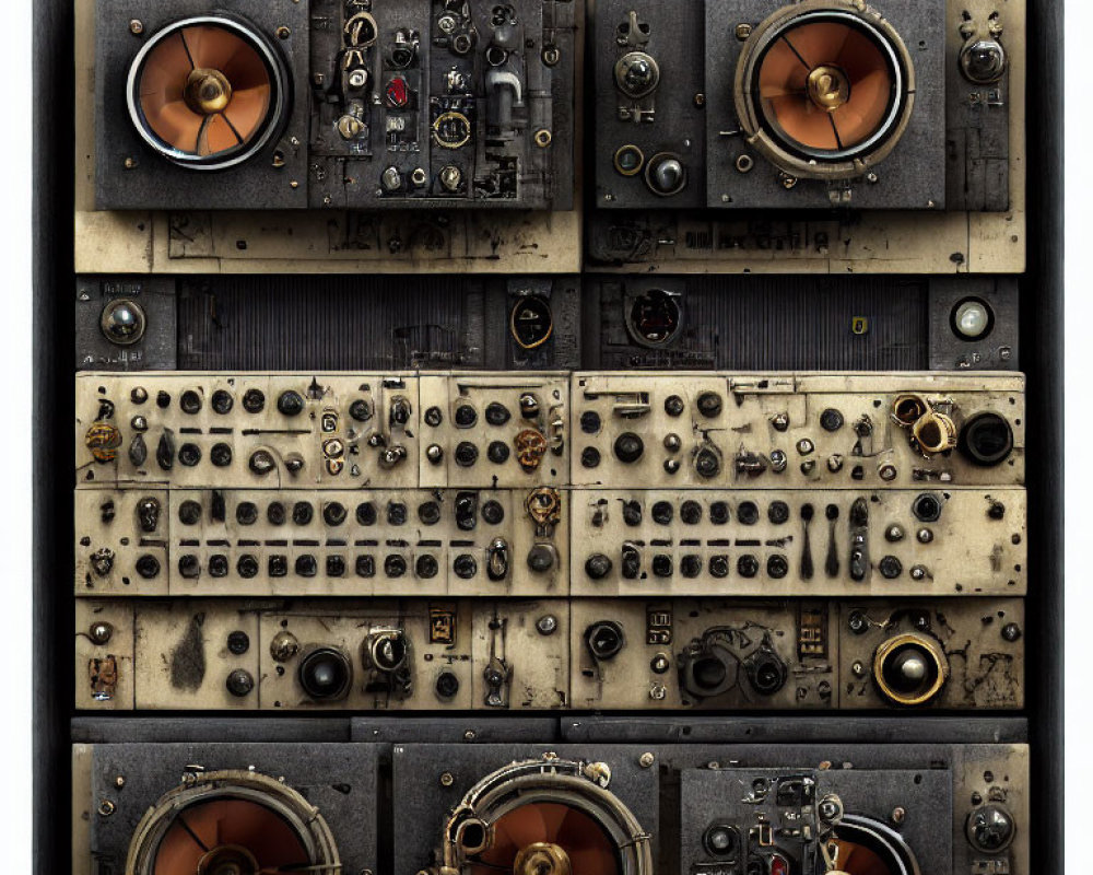 Grid of Vintage Electronic Equipment with Dials, Switches & Speakers