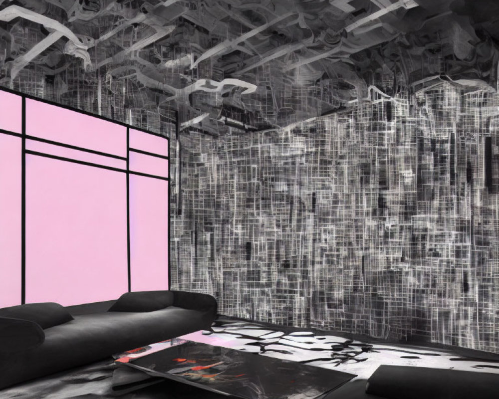 Modern Room with Black Sofa, Abstract Walls, Pink Screen, & Complex Ceiling Design