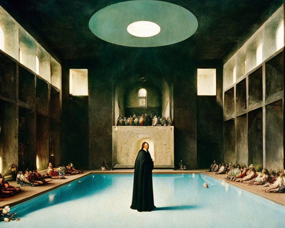 Figure in cloak by indoor pool with relaxed onlookers under circular skylight