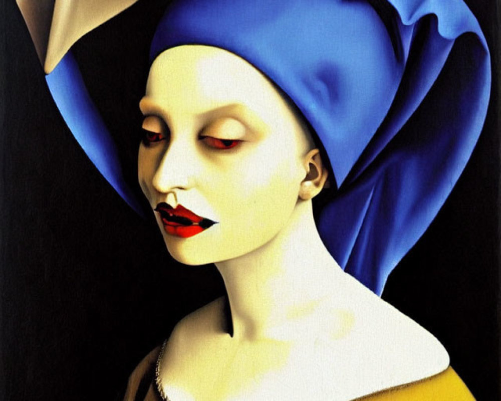 Stylized modern artwork of a woman in blue headscarf with apple