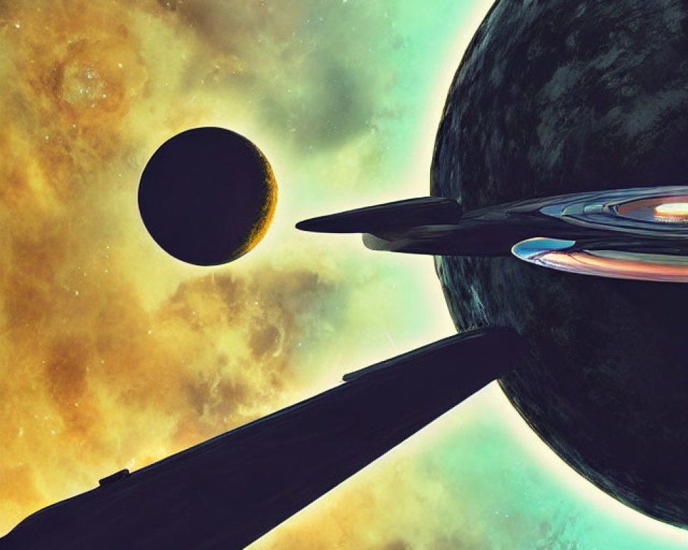 Futuristic spaceship near planet and moon in star-filled sky