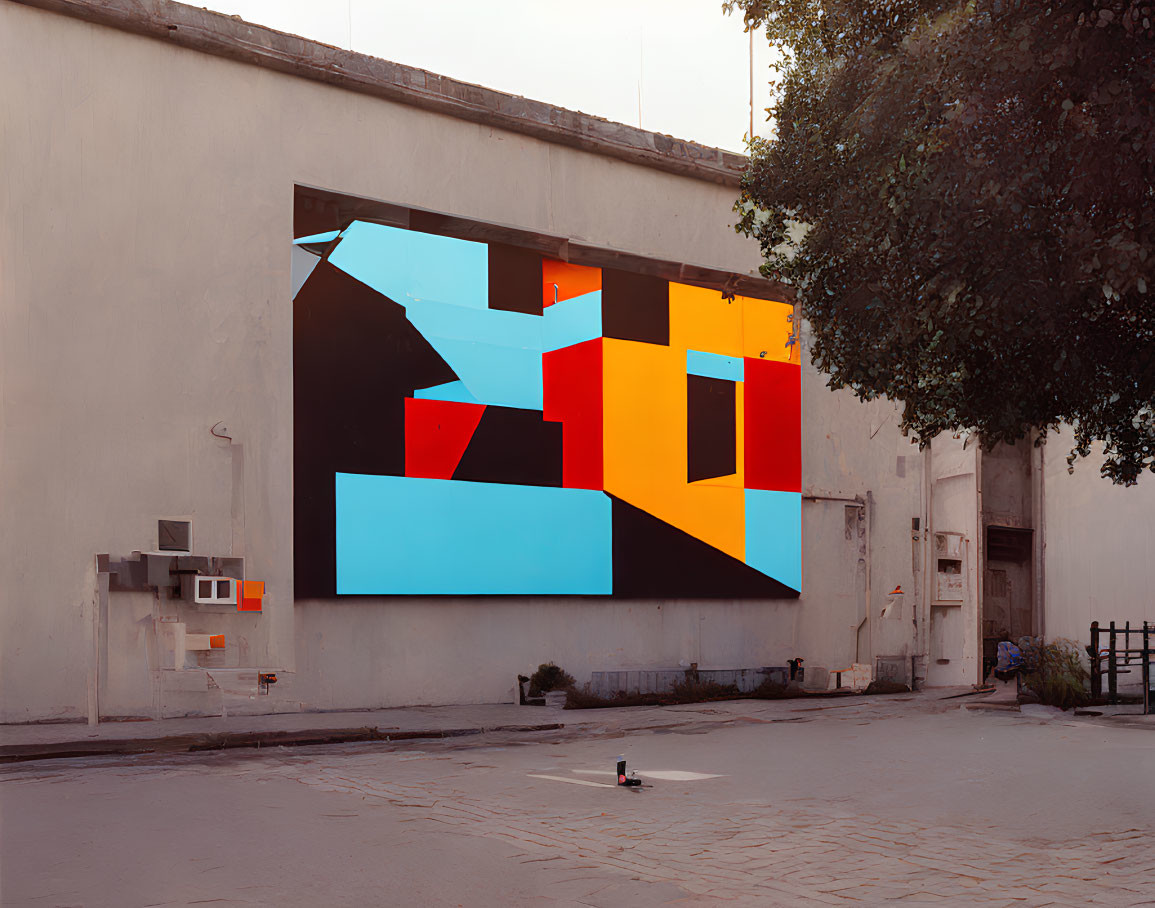 Vibrant abstract mural on industrial building wall with geometric shapes in blue, red, and orange.