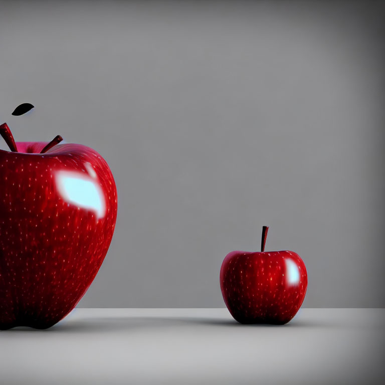 Two apples on glossy surface with reflections on gray background