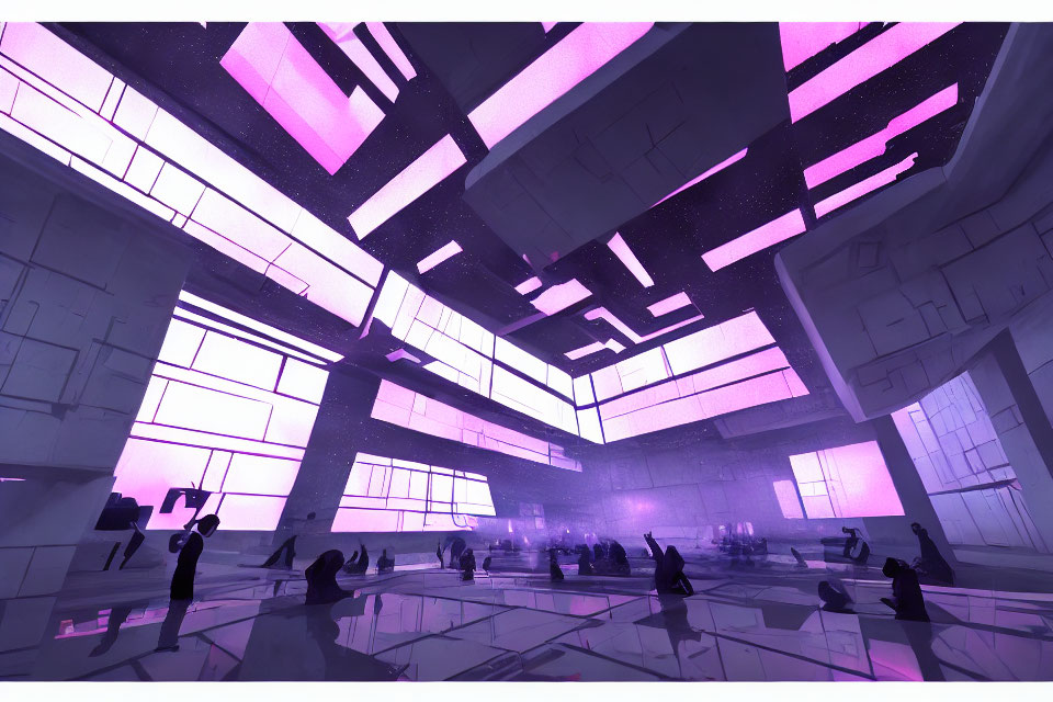 Spacious Interior with Purple Lighting and Modern Architecture