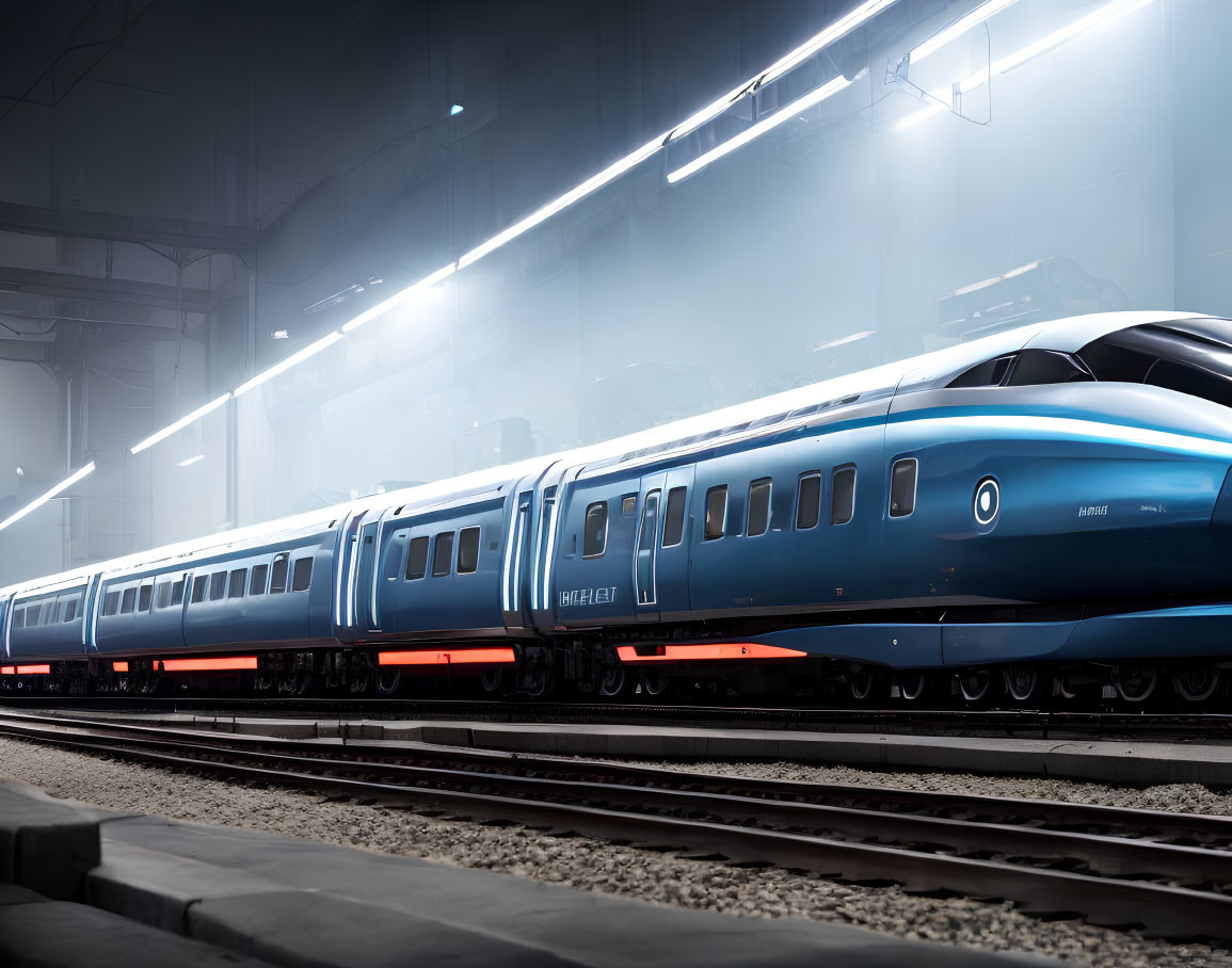 Modern high-speed train at station with bright lights and red underglow.