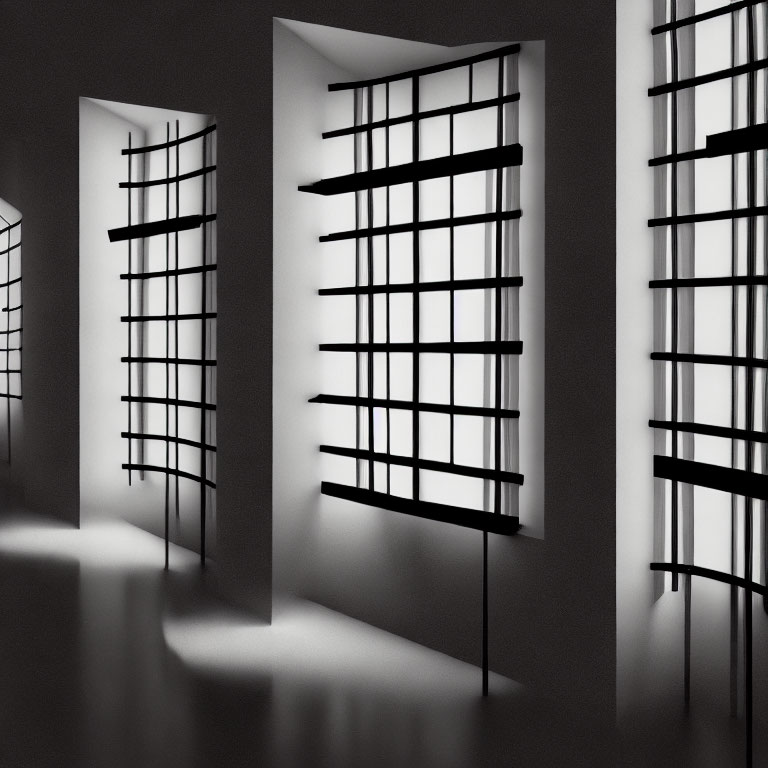 Monochrome interior with grid-patterned windows casting shadows