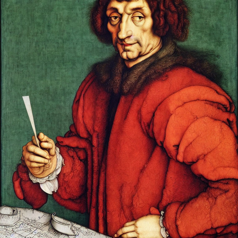 Man with Shoulder-Length Curly Hair in Red Jacket Holding Letter by Map