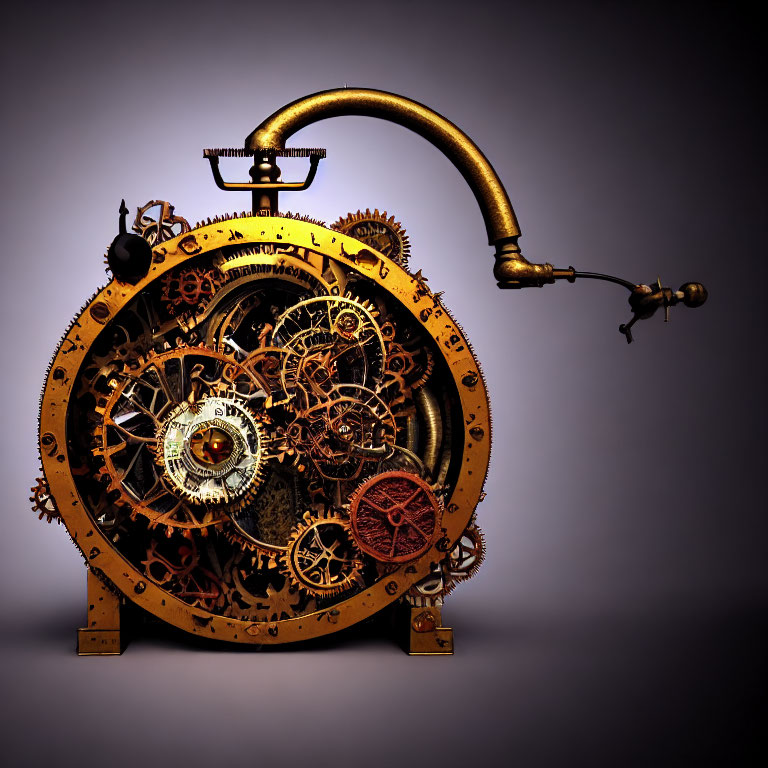 Steampunk-style clock with intricate gears and cogs on gradient backdrop