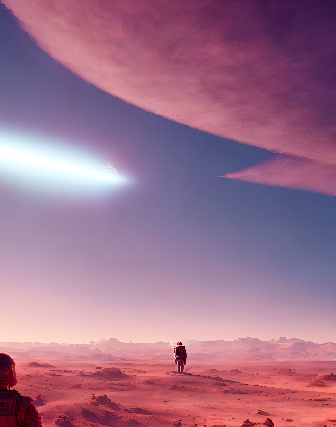 Alien landscape with pink sky, distant figure, and comet overhead