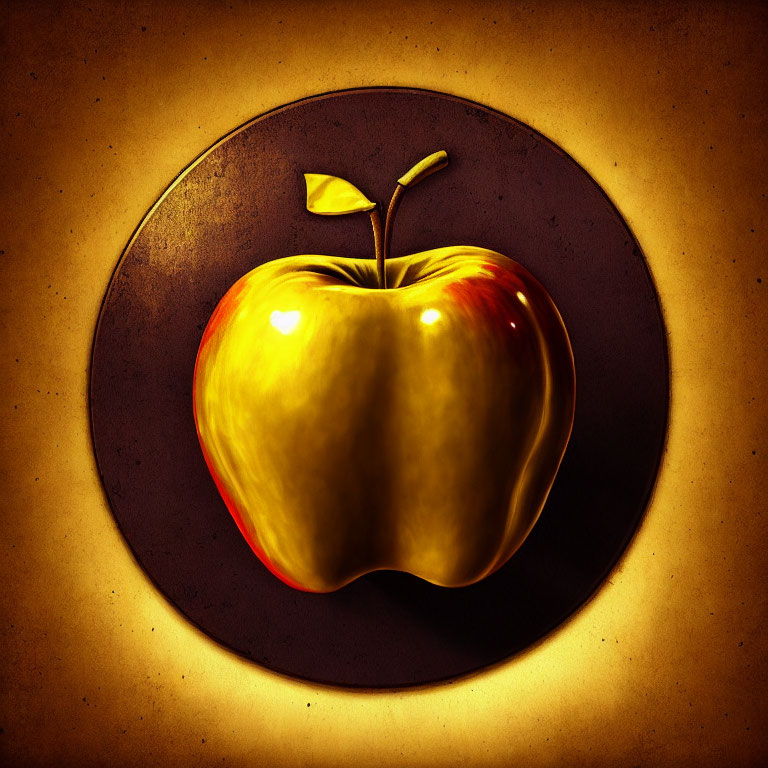 Vibrant red and yellow apple on dark circular backdrop