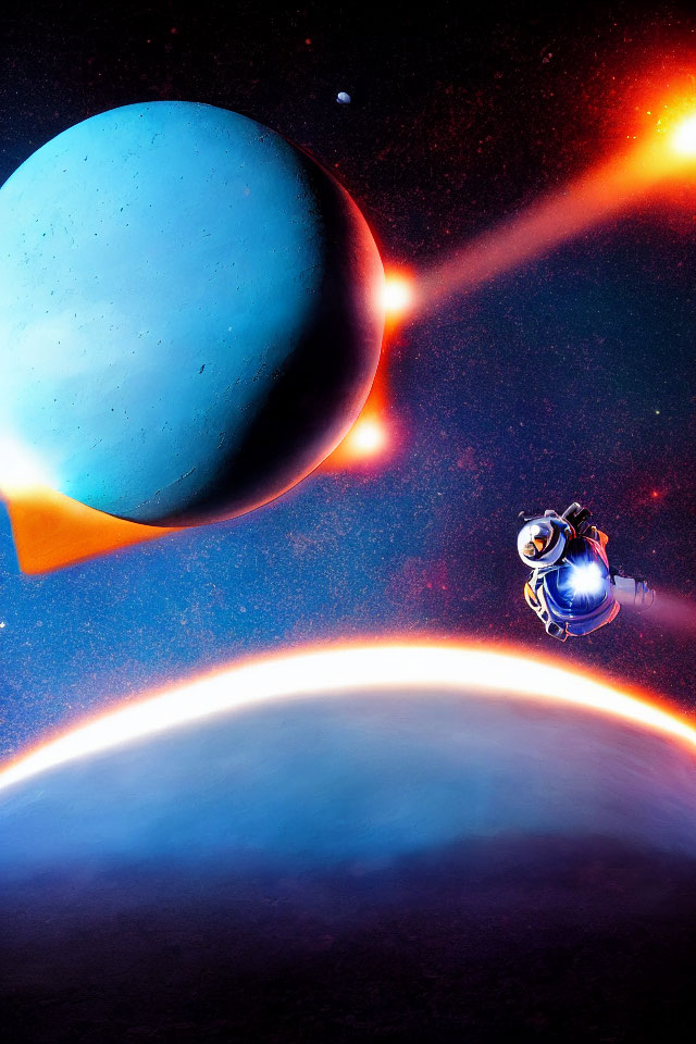 Astronaut floating near curved planetary horizon with blue planet and bright star.