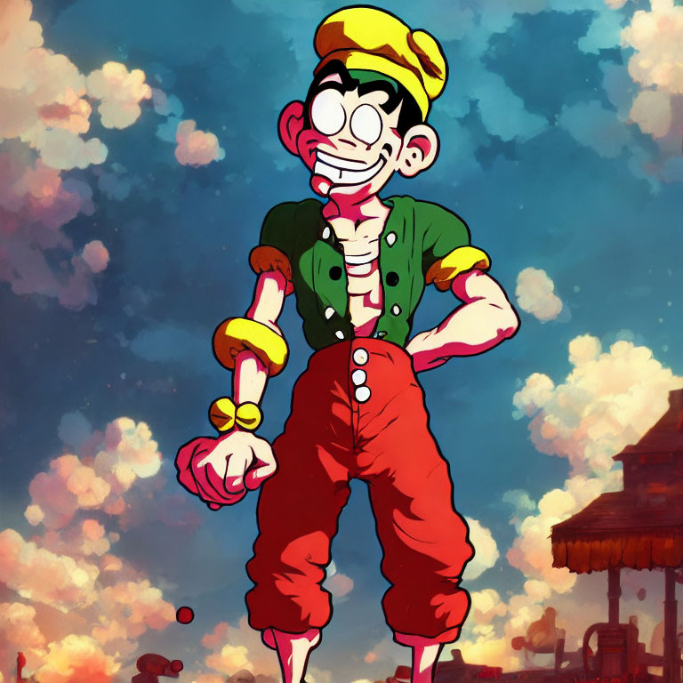 Confident cartoon character in colorful attire against cloudy sky