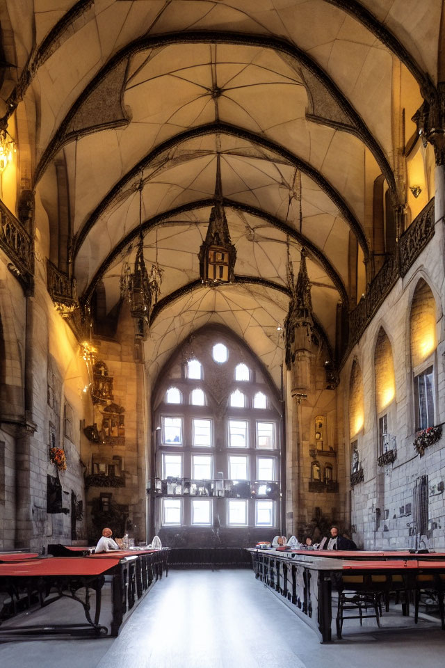 Medieval Gothic-style Grand Hall with Arched Ceilings and Chandeliers