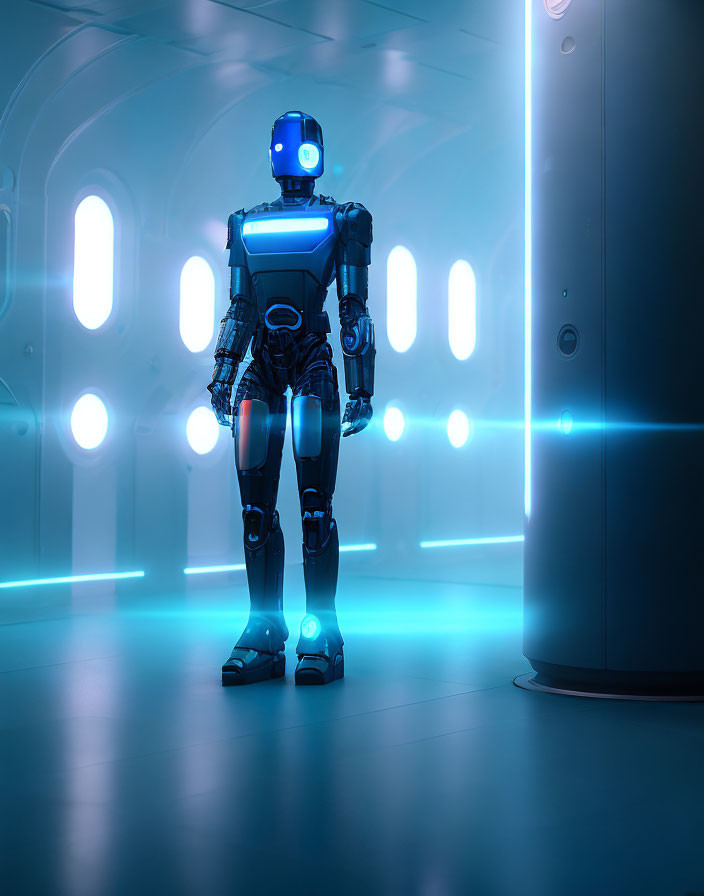 Blue-Lit Humanoid Robot in Futuristic Corridor