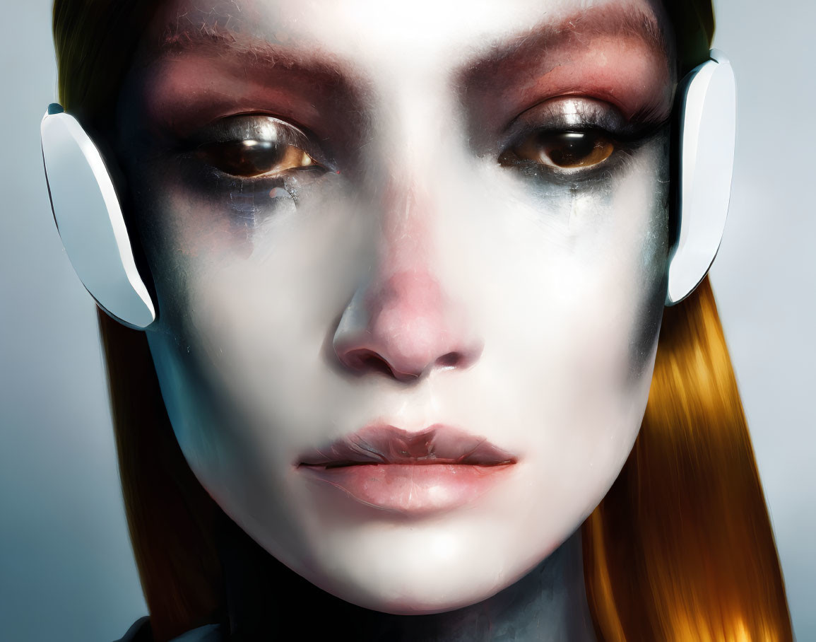 Stylized humanoid female character with white headphones and metallic skin tones