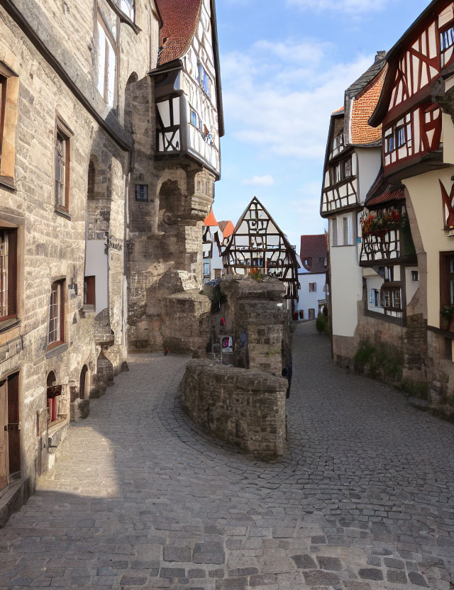 Traditional Half-Timbered Houses on Cobblestone Street with Stone Fountain