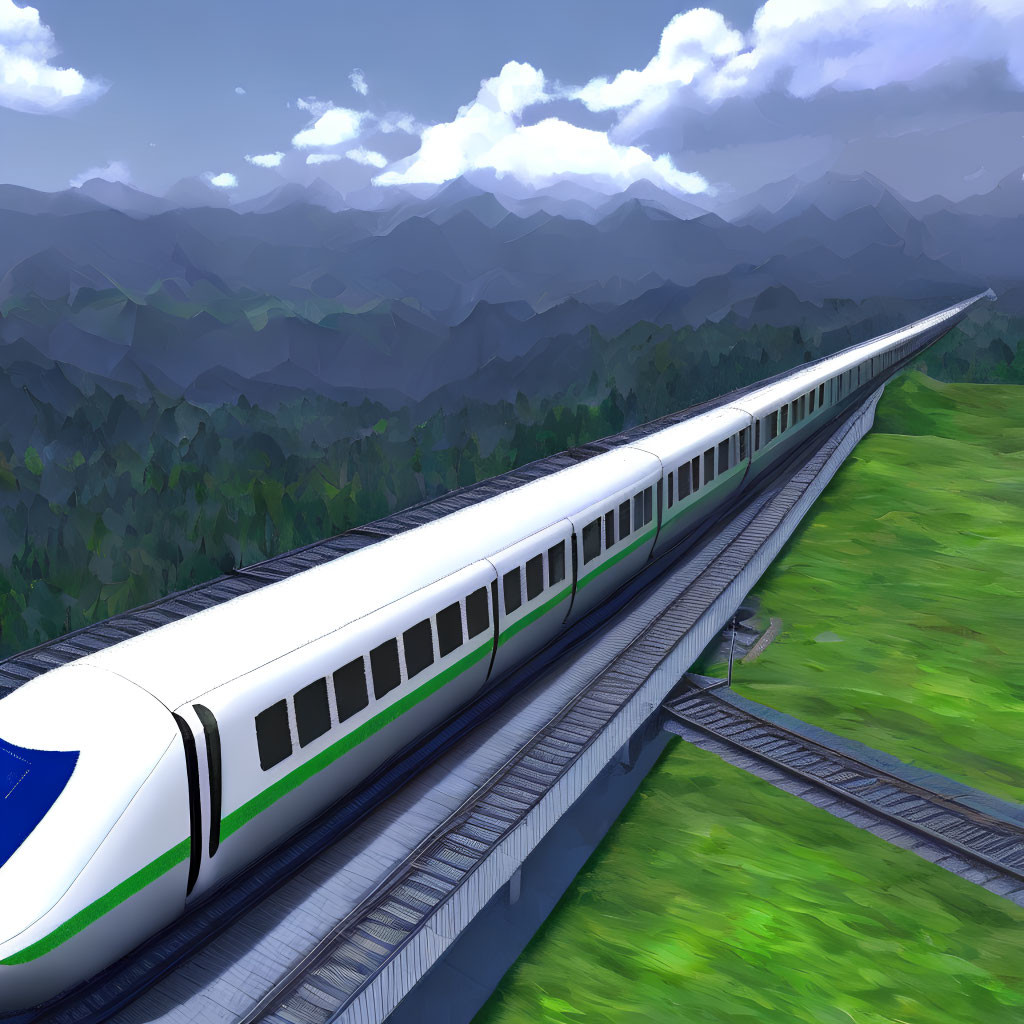 Modern high-speed train in lush green landscape with mountains and clear sky