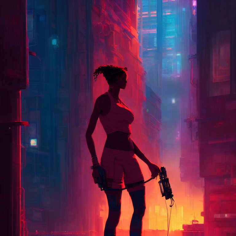 Woman in neon-lit futuristic urban alley with high-tech weapon & towering cityscape silhouettes