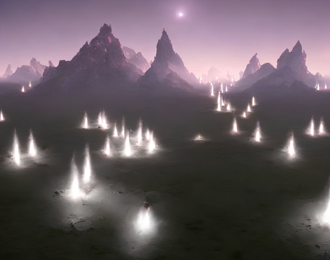 Mystical landscape with glowing lights in foggy twilight terrain