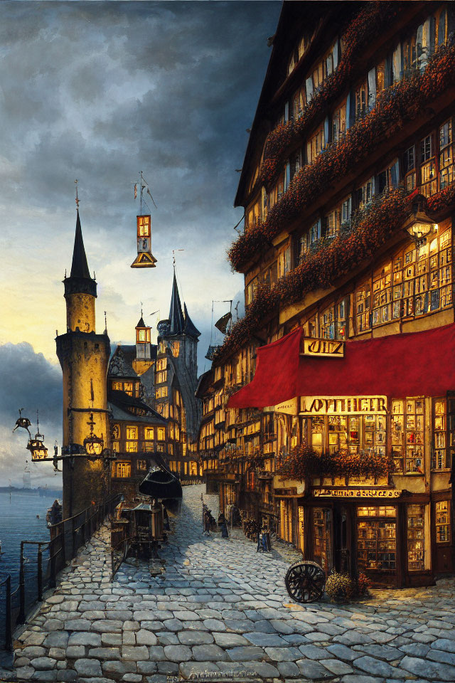 Cobblestone street with old-style buildings and hanging lanterns at dusk