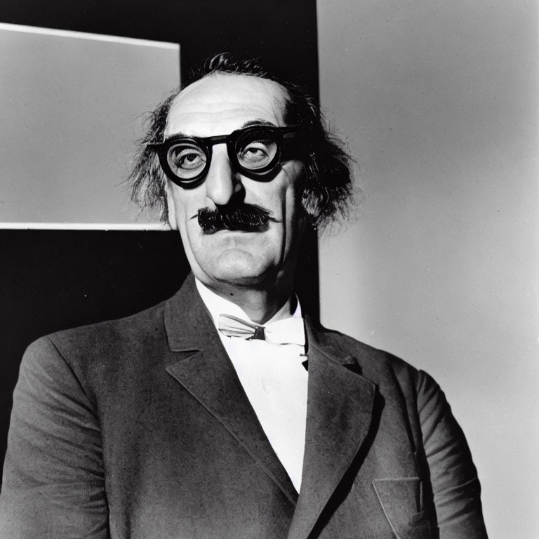 Monochrome portrait of man with mustache, round glasses, and bow tie