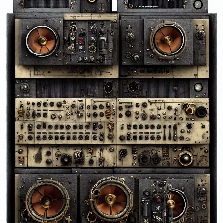 Grid of Vintage Electronic Equipment with Dials, Switches & Speakers