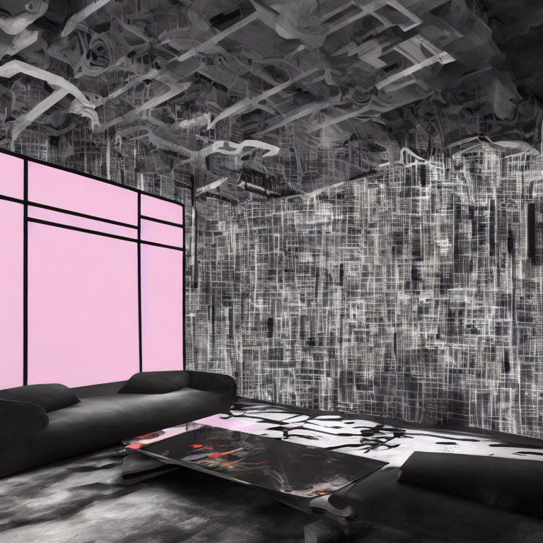 Modern Room with Black Sofa, Abstract Walls, Pink Screen, & Complex Ceiling Design