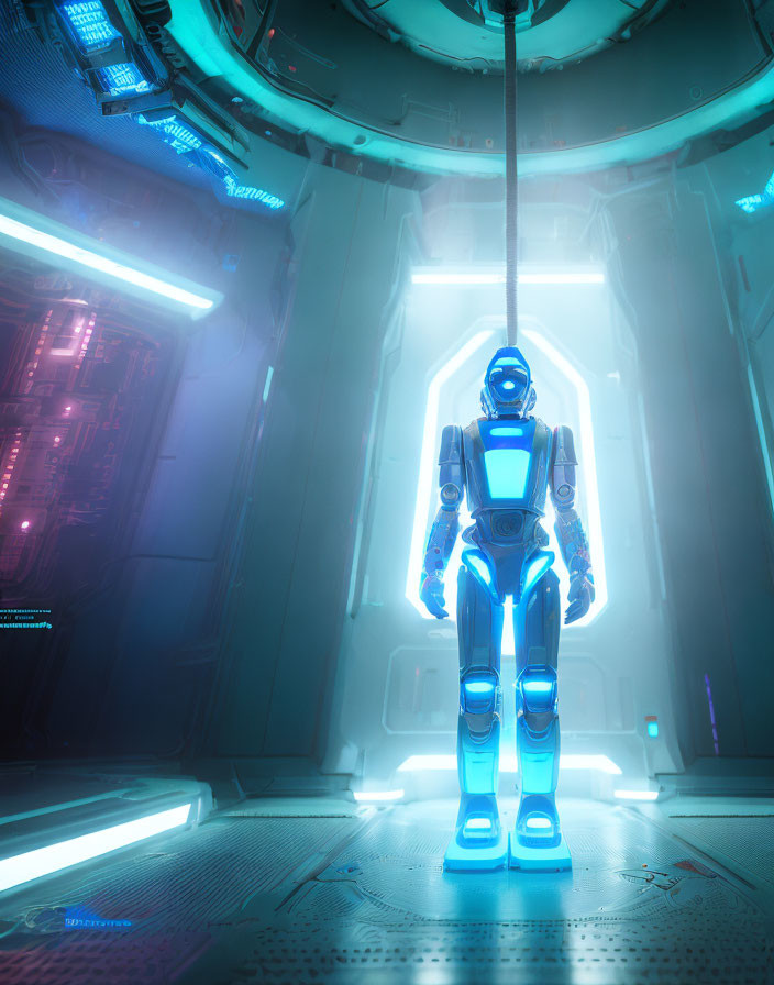 Blue humanoid robot in futuristic chamber with neon lights