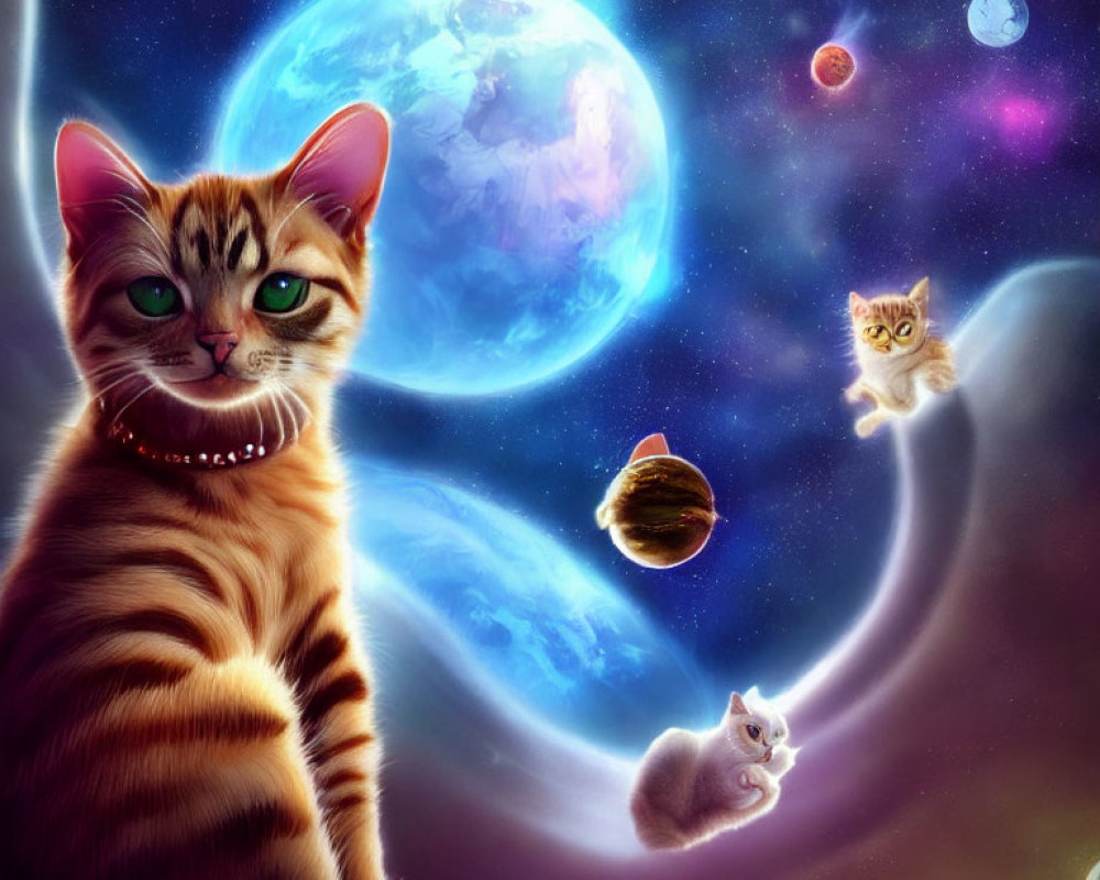 Colorful Cats in Space with Planet and Celestial Bodies