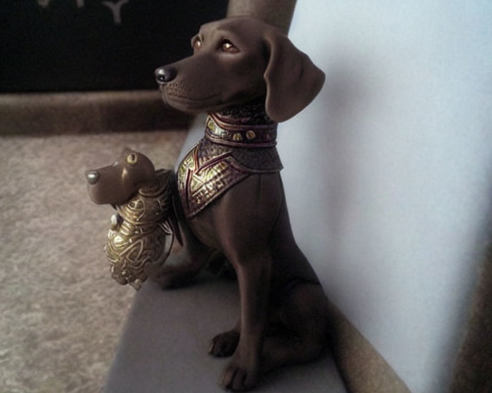 Ornamental dogs with intricate collars on serene backdrop