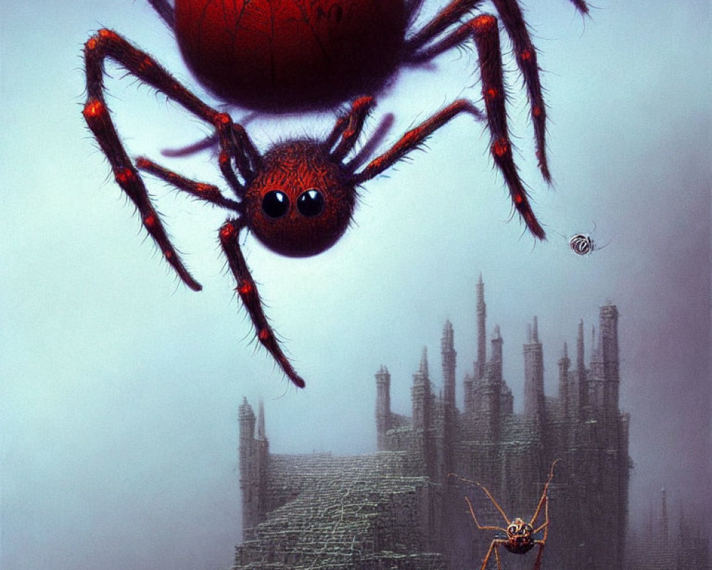 Intricately marked large spider descends above smaller one on web in gothic cityscape