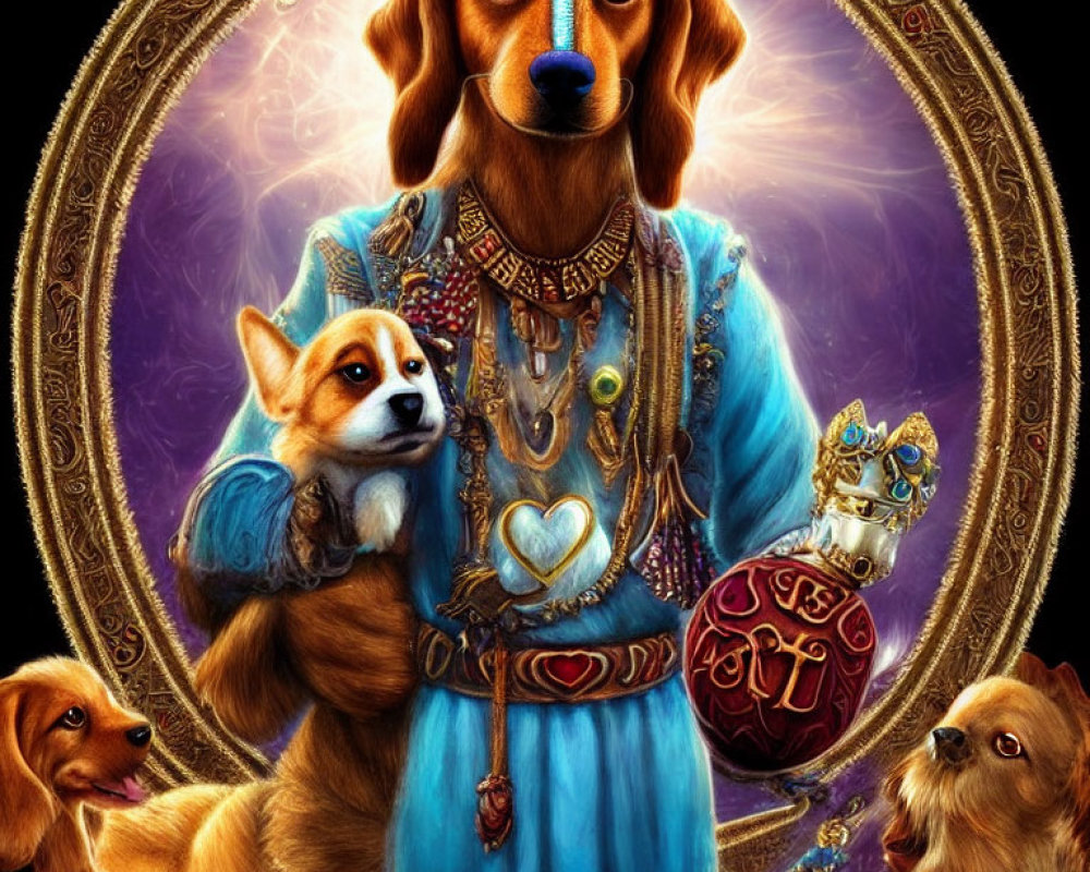 Anthropomorphic dogs in regal fantasy attire with mystical circular patterns