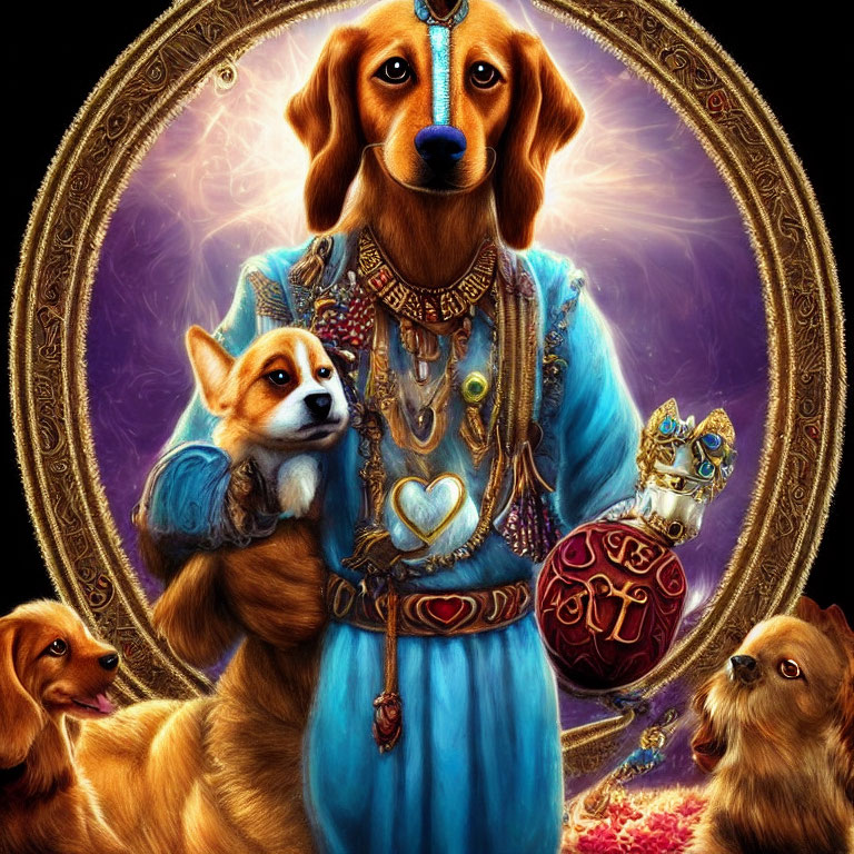 Anthropomorphic dogs in regal fantasy attire with mystical circular patterns