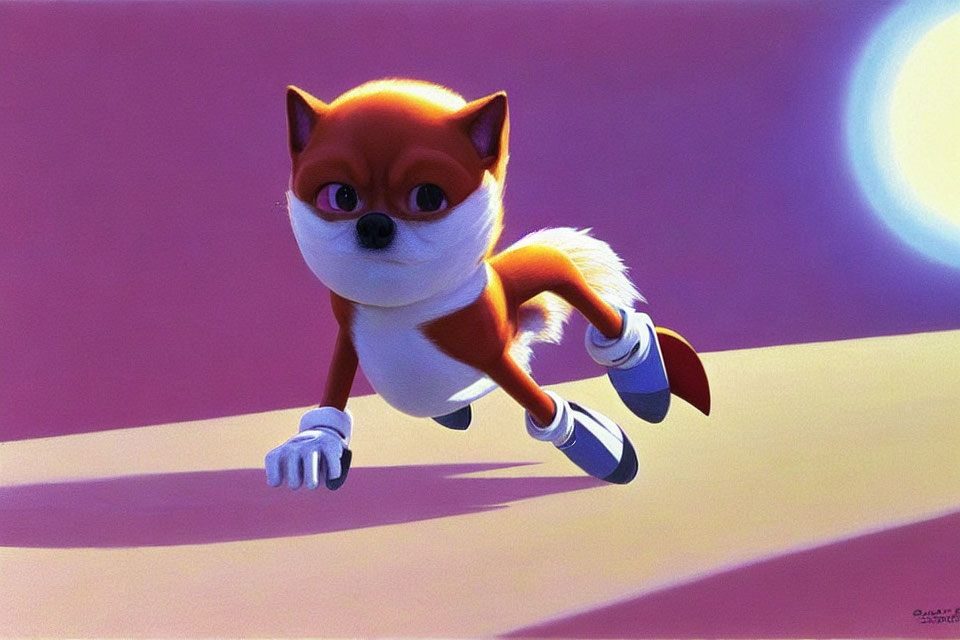 Animated fox superhero in white mask and gloves flying over purple and pink surface