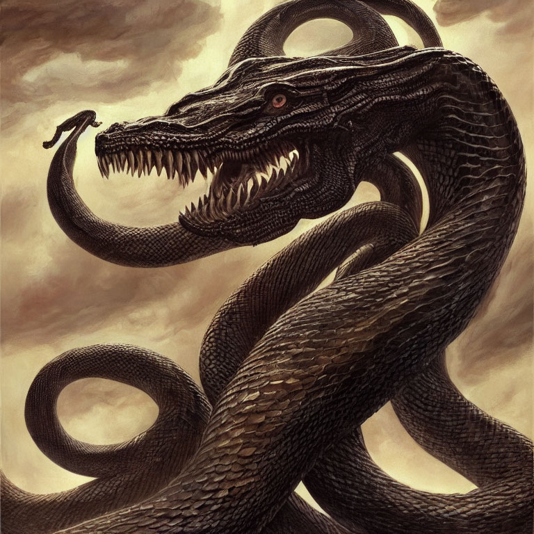 Menacing serpent with coils, fangs, and forked tongue in cloudy sky