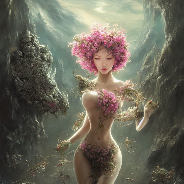 Fantasy figure adorned with pink blossoms in misty setting