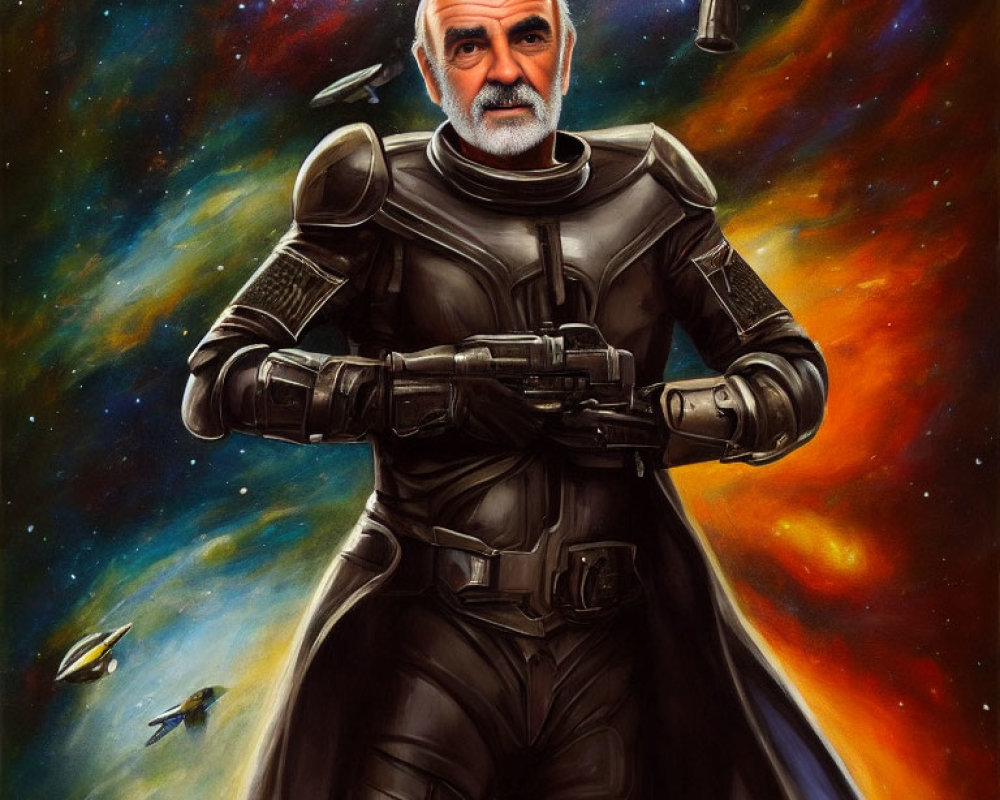 Elderly Space Adventurer in Black Suit Amid Colorful Nebula