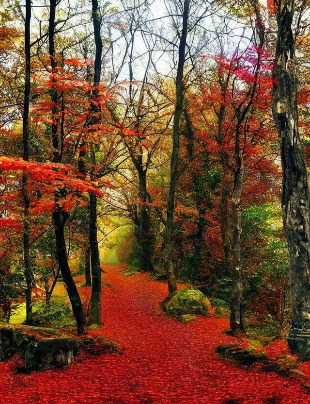 Autumn Forest Path with Vibrant Trees and Red Leaves